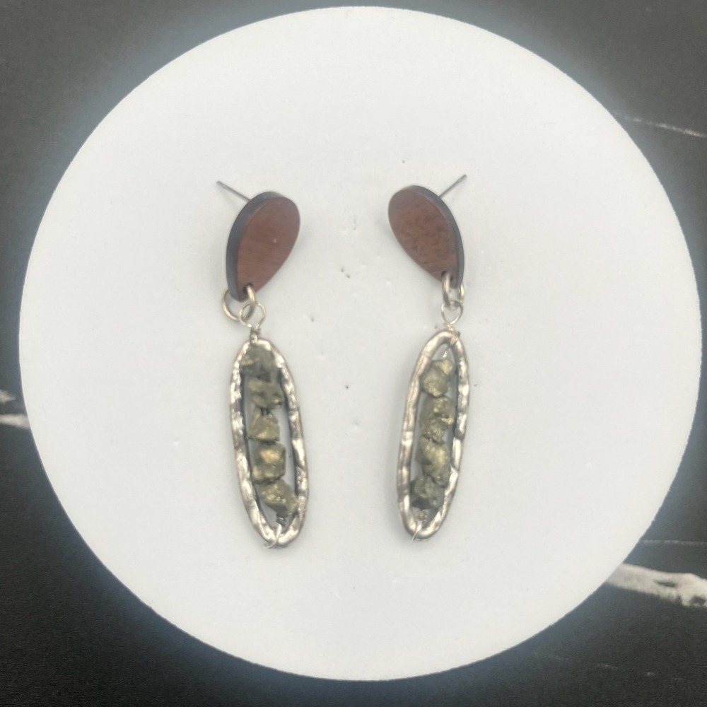 Vintage Pyrite Raw Nugget Dangle Earrings Jewelry Wood Silver Tone Stud Post - Picture 8 of 13